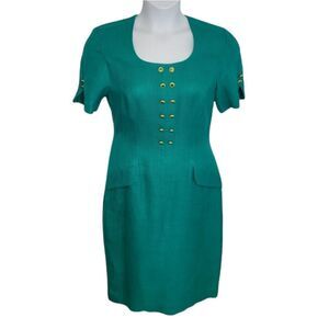 VINTAGE 80s dress teal short sleeve woven ‎ secretary with gold buttons S